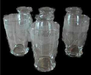 Crosshatch Etched Clear Glass 10 ox Tumblers with Banded Tops Set of 7 Vintage